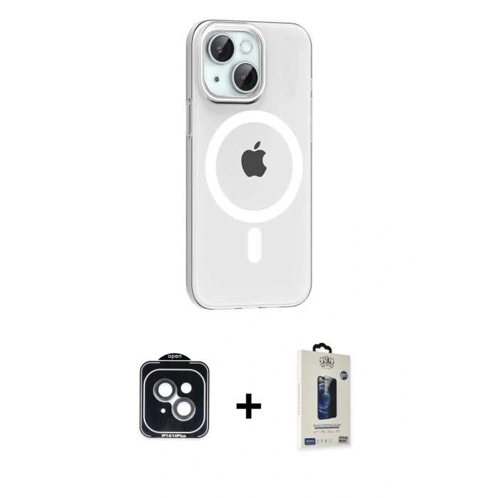 MARSİLYAN™- iPhone 14 Kılıf Pusula Form Özel Seri - Siyah Bilvis Hayalet Cam Ekran Koruyucu + PVD Metal Kamera Lens - SH