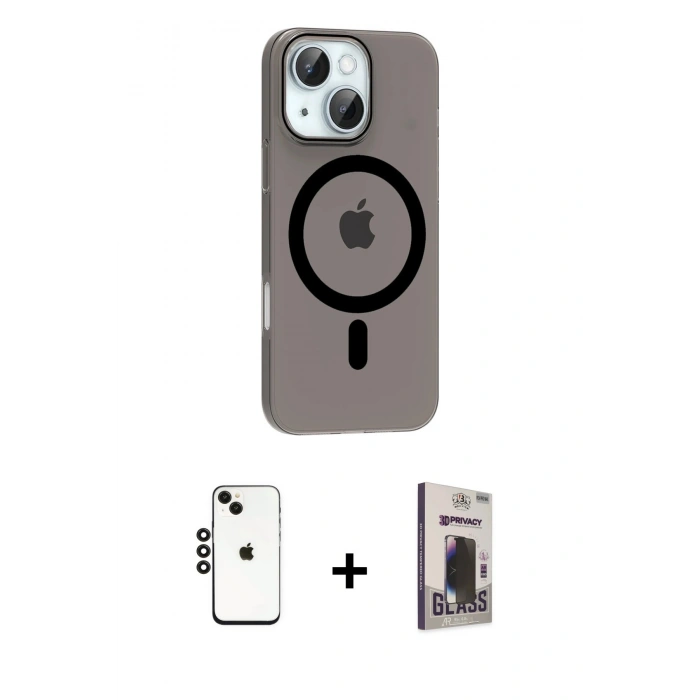 MARSİLYAN™- iPhone 14 Kılıf Pusula Form Özel Seri - Siyah Bilvis Hayalet Cam Ekran Koruyucu + Shine Kamera Lens - SH
