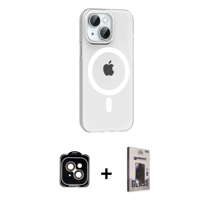 MARSİLYAN™- iPhone 14 Kılıf Pusula Form Özel Seri - Siyah Bilvis Hayalet Cam Ekran Koruyucu + PVD Metal Kamera Lens - TU