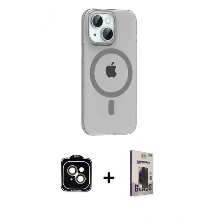 MARSİLYAN™- iPhone 14 Kılıf Pusula Form Özel Seri - Siyah Bilvis Hayalet Cam Ekran Koruyucu + PVD Metal Kamera Lens - TU