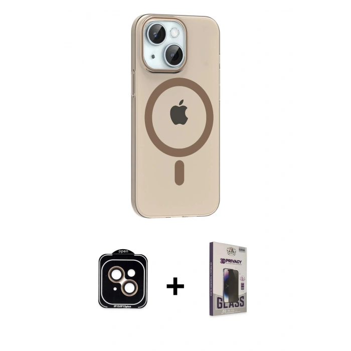 MARSİLYAN™- iPhone 14 Kılıf Pusula Form Özel Seri - Siyah Bilvis Hayalet Cam Ekran Koruyucu + PVD Metal Kamera Lens - TU