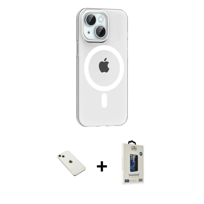 MARSİLYAN™- iPhone 14 Kılıf Pusula Form Özel Seri - Siyah Bilvis Hayalet Cam Ekran Koruyucu + Diamond Kamera Lens - YL