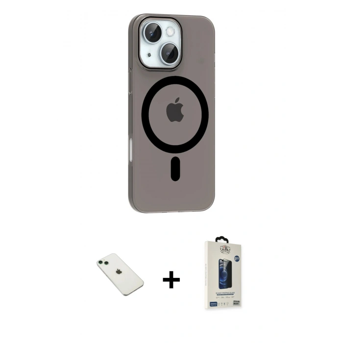 MARSİLYAN™- iPhone 14 Kılıf Pusula Form Özel Seri - Siyah Bilvis Hayalet Cam Ekran Koruyucu + Diamond Kamera Lens - YL