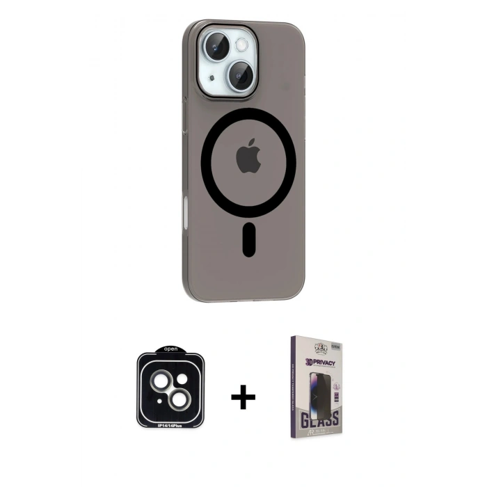 MARSİLYAN™- iPhone 14 Kılıf Pusula Form Özel Seri - Siyah Bilvis Hayalet Cam Ekran Koruyucu + PVD Metal Kamera Lens - YL