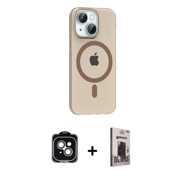 MARSİLYAN™- iPhone 14 Kılıf Pusula Form Özel Seri - Siyah Bilvis Hayalet Cam Ekran Koruyucu + PVD Metal Kamera Lens - YL
