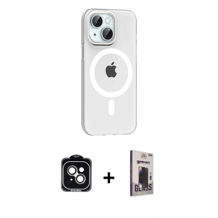MARSİLYAN™- iPhone 14 Kılıf Pusula Form Özel Seri - Siyah Bilvis Hayalet Cam Ekran Koruyucu + PVD Metal Kamera Lens - YL