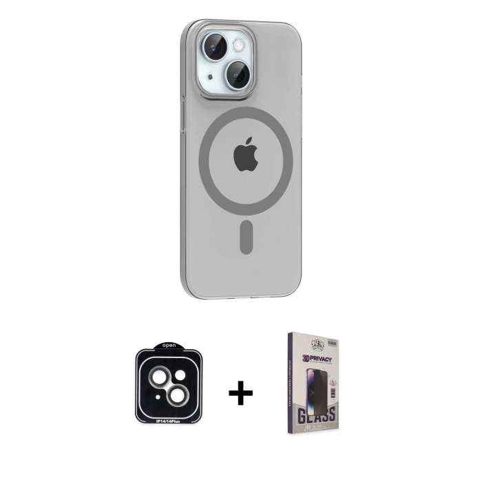 MARSİLYAN™- iPhone 14 Kılıf Pusula Form Özel Seri - Siyah Bilvis Hayalet Cam Ekran Koruyucu + PVD Metal Kamera Lens - YL