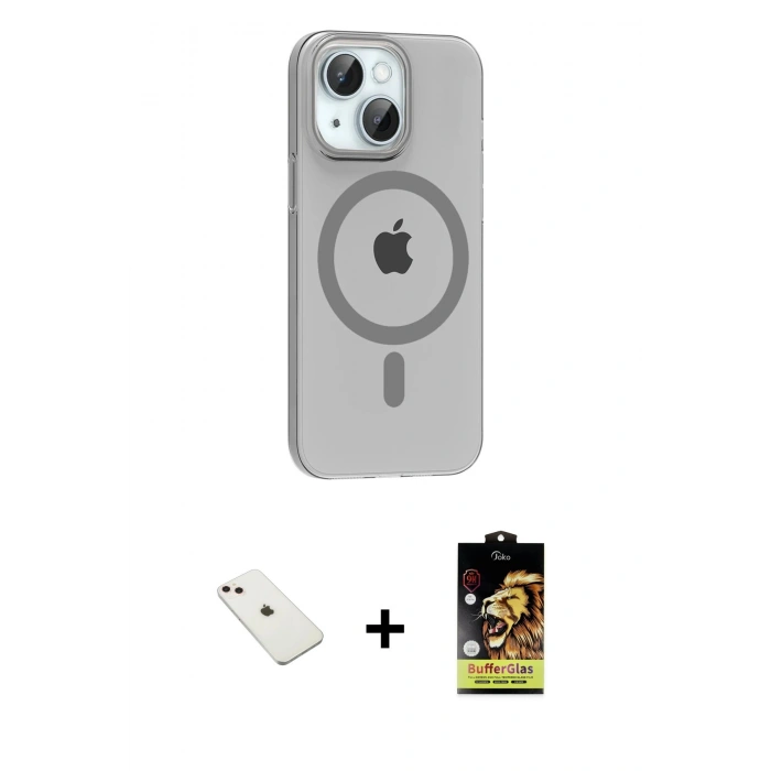 MARSİLYAN™- iPhone 14 Kılıf Pusula Form Özel Seri - Siyah Buffer Cam Ekran Koruyucu + Diamond Kamera Lens - PE