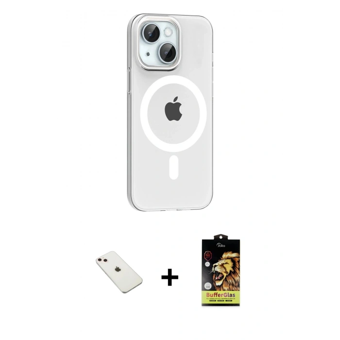 MARSİLYAN™- iPhone 14 Kılıf Pusula Form Özel Seri - Siyah Buffer Cam Ekran Koruyucu + Diamond Kamera Lens - PE