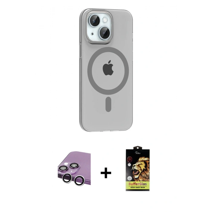 MARSİLYAN™- iPhone 14 Kılıf Pusula Form Özel Seri - Siyah Buffer Cam Ekran Koruyucu + Raze Metal Kamera Lens - GS