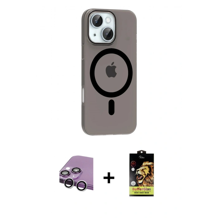 MARSİLYAN™- iPhone 14 Kılıf Pusula Form Özel Seri - Siyah Buffer Cam Ekran Koruyucu + Raze Metal Kamera Lens - GS