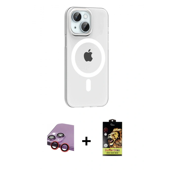MARSİLYAN™- iPhone 14 Kılıf Pusula Form Özel Seri - Siyah Buffer Cam Ekran Koruyucu + Raze Metal Kamera Lens - KI