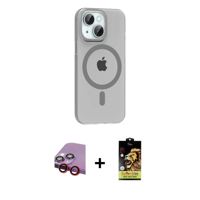 MARSİLYAN™- iPhone 14 Kılıf Pusula Form Özel Seri - Siyah Buffer Cam Ekran Koruyucu + Raze Metal Kamera Lens - KI