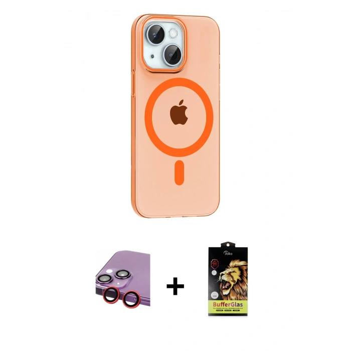 MARSİLYAN™- iPhone 14 Kılıf Pusula Form Özel Seri - Siyah Buffer Cam Ekran Koruyucu + Raze Metal Kamera Lens - KI
