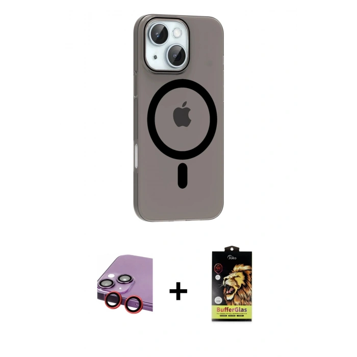 MARSİLYAN™- iPhone 14 Kılıf Pusula Form Özel Seri - Siyah Buffer Cam Ekran Koruyucu + Raze Metal Kamera Lens - KI