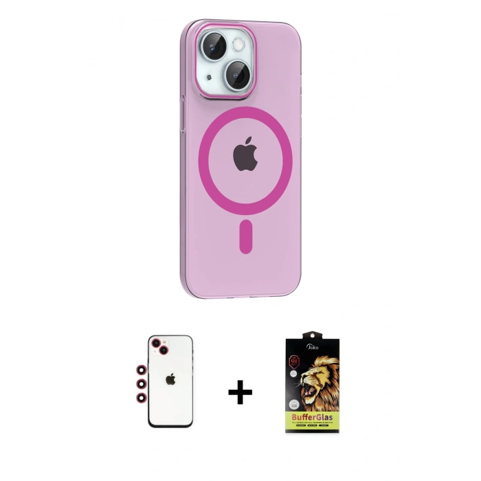 MARSİLYAN™- iPhone 14 Kılıf Pusula Form Özel Seri - Siyah Buffer Cam Ekran Koruyucu + Kırmızı Shine Kamera Lens