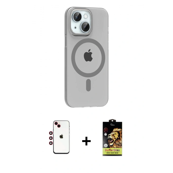 MARSİLYAN™- iPhone 14 Kılıf Pusula Form Özel Seri - Siyah Buffer Cam Ekran Koruyucu + Kırmızı Shine Kamera Lens