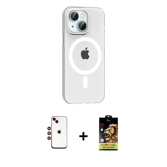 MARSİLYAN™- iPhone 14 Kılıf Pusula Form Özel Seri - Siyah Buffer Cam Ekran Koruyucu + Kırmızı Shine Kamera Lens