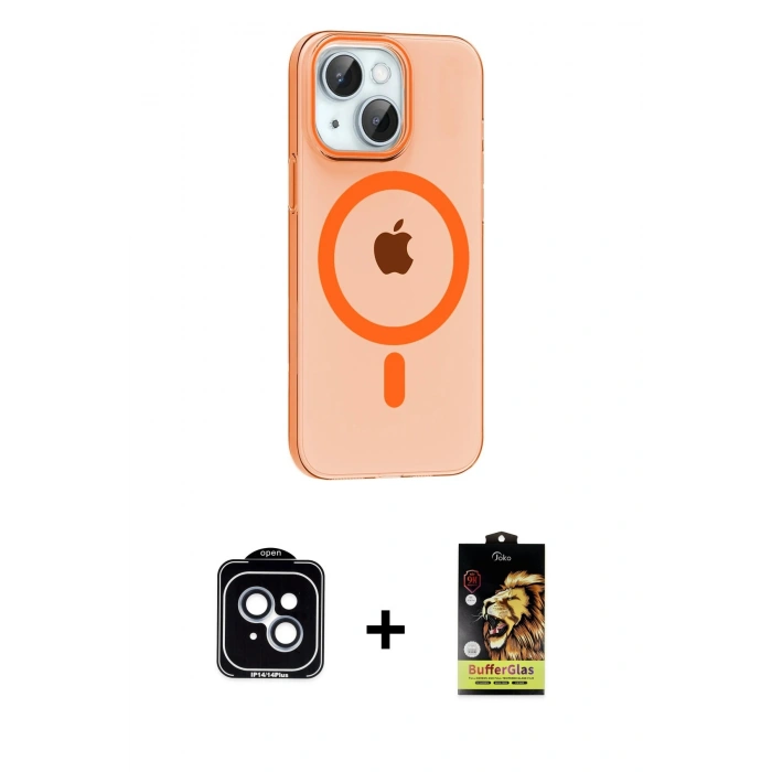MARSİLYAN™- iPhone 14 Kılıf Pusula Form Özel Seri - Siyah Buffer Cam Ekran Koruyucu + PVD Metal Kamera Lens - MI