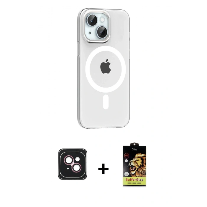 MARSİLYAN™- iPhone 14 Kılıf Pusula Form Özel Seri - Siyah Buffer Cam Ekran Koruyucu + PVD Metal Kamera Lens - PE