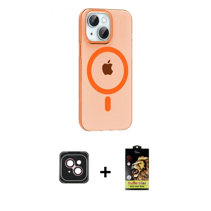 MARSİLYAN™- iPhone 14 Kılıf Pusula Form Özel Seri - Siyah Buffer Cam Ekran Koruyucu + PVD Metal Kamera Lens - PE
