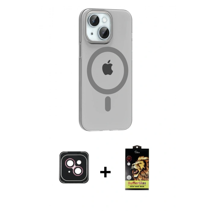 MARSİLYAN™- iPhone 14 Kılıf Pusula Form Özel Seri - Siyah Buffer Cam Ekran Koruyucu + PVD Metal Kamera Lens - PE
