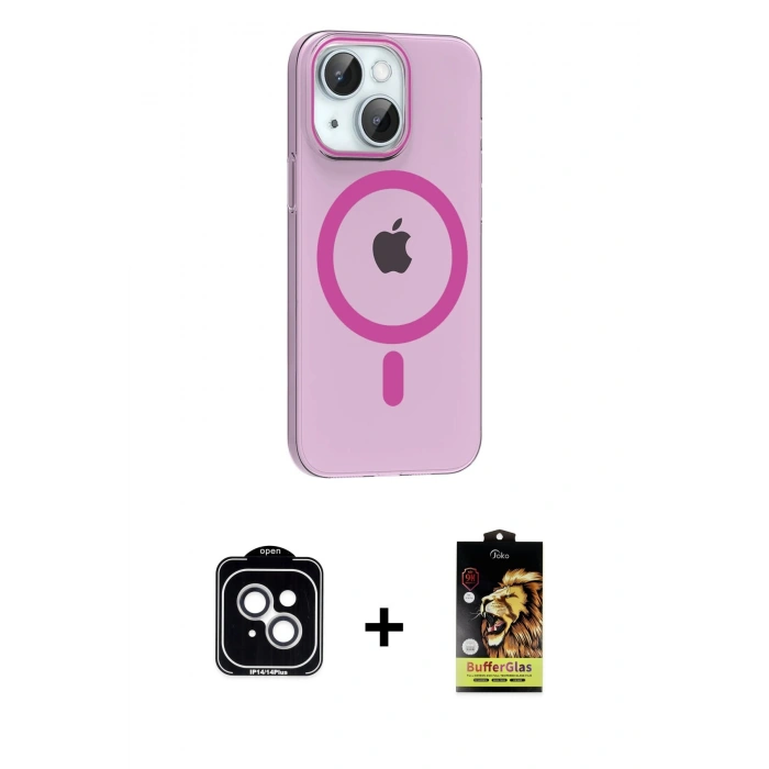 MARSİLYAN™- iPhone 14 Kılıf Pusula Form Özel Seri - Siyah Buffer Cam Ekran Koruyucu + PVD Metal Kamera Lens - GS