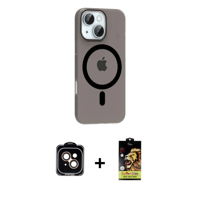 MARSİLYAN™- iPhone 14 Kılıf Pusula Form Özel Seri - Siyah Buffer Cam Ekran Koruyucu + PVD Metal Kamera Lens - TU