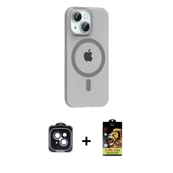 MARSİLYAN™- iPhone 14 Kılıf Pusula Form Özel Seri - Siyah Buffer Cam Ekran Koruyucu + PVD Metal Kamera Lens - SH