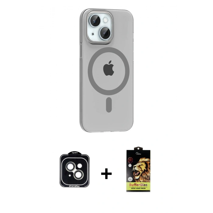 MARSİLYAN™- iPhone 14 Kılıf Pusula Form Özel Seri - Siyah Buffer Cam Ekran Koruyucu + PVD Metal Kamera Lens - YL
