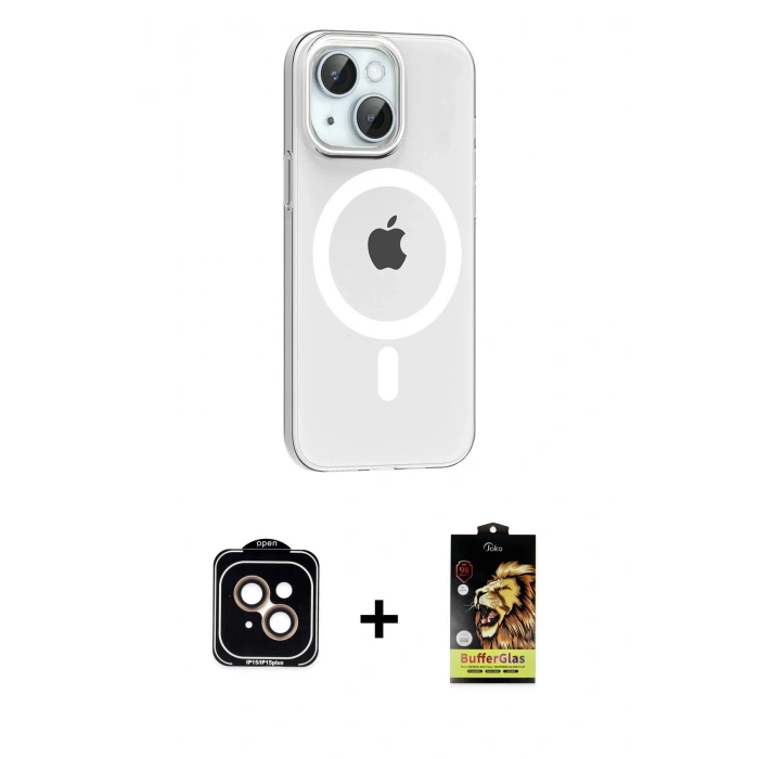 MARSİLYAN™- iPhone 14 Kılıf Pusula Form Özel Seri - Siyah Buffer Cam Ekran Koruyucu + PVD Metal Kamera Lens - TU