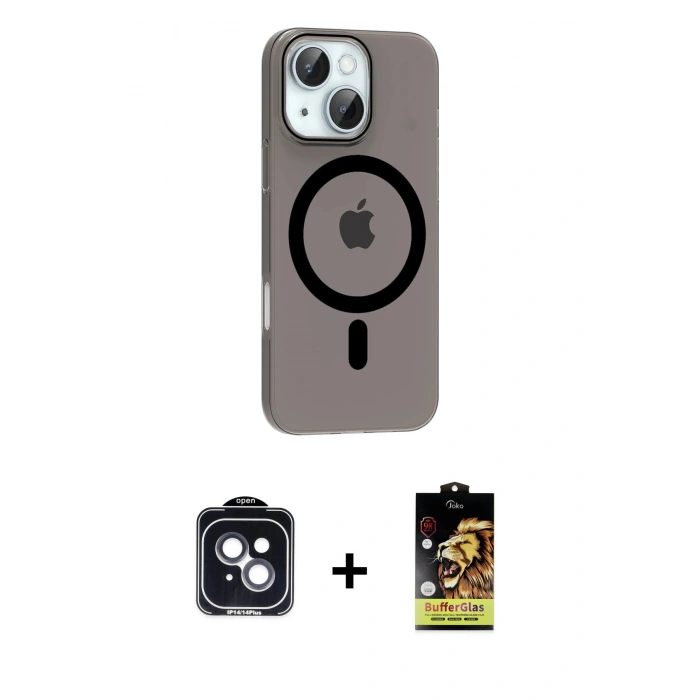 MARSİLYAN™- iPhone 14 Kılıf Pusula Form Özel Seri - Siyah Buffer Cam Ekran Koruyucu + PVD Metal Kamera Lens - SH