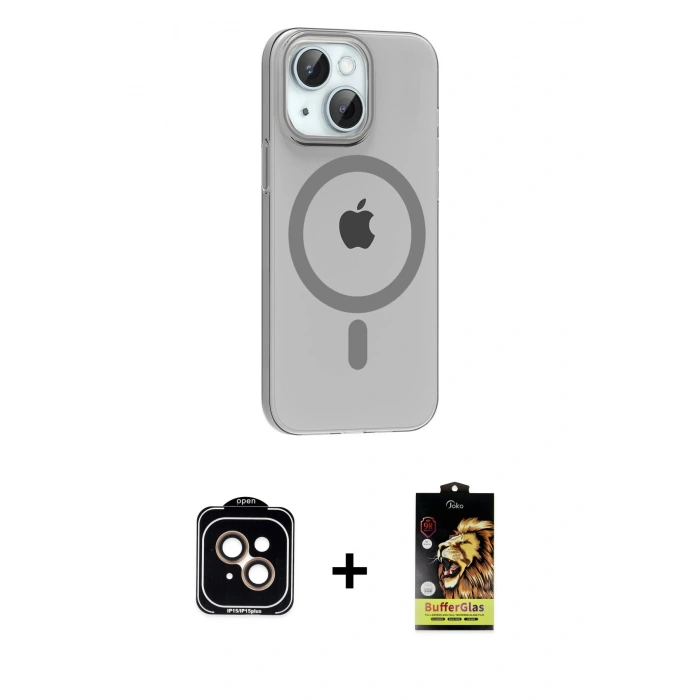 MARSİLYAN™- iPhone 14 Kılıf Pusula Form Özel Seri - Siyah Buffer Cam Ekran Koruyucu + PVD Metal Kamera Lens - TU