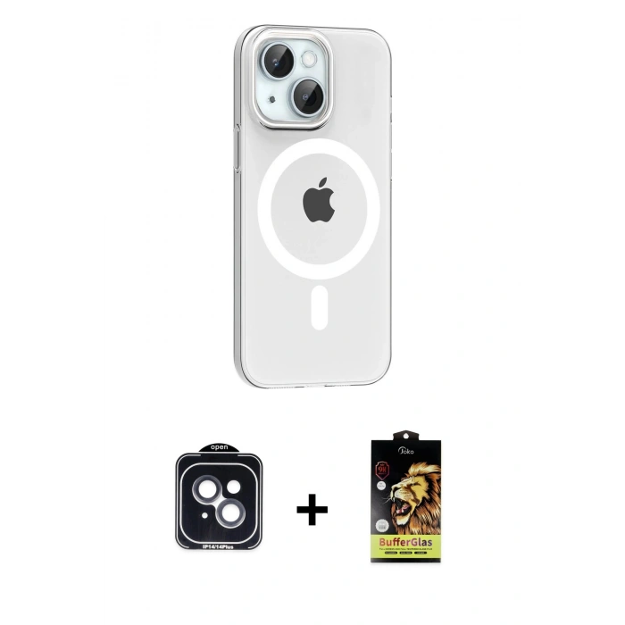 MARSİLYAN™- iPhone 14 Kılıf Pusula Form Özel Seri - Siyah Buffer Cam Ekran Koruyucu + PVD Metal Kamera Lens - SH