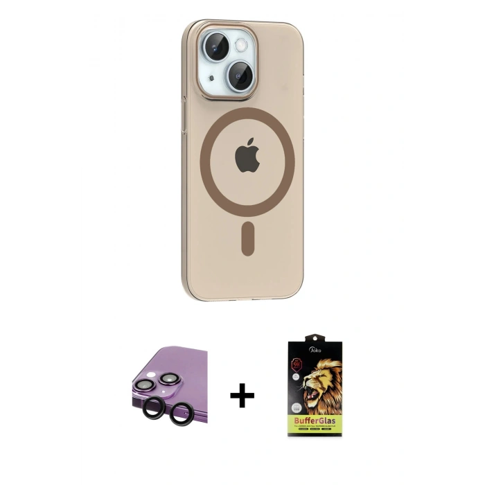 MARSİLYAN™- iPhone 14 Kılıf Pusula Form Özel Seri - Siyah Buffer Cam Ekran Koruyucu + Raze Metal Kamera Lens - SH