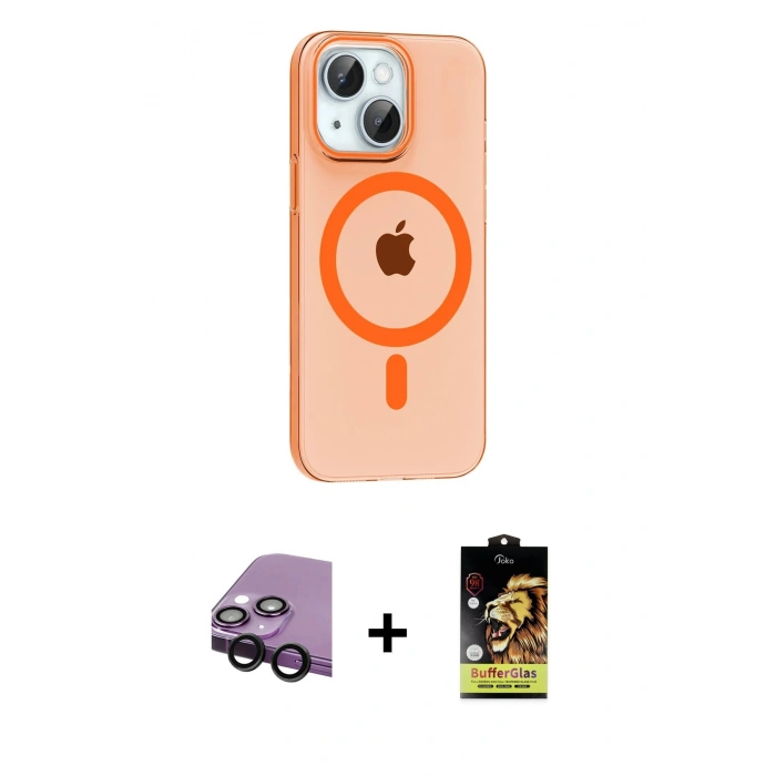 MARSİLYAN™- iPhone 14 Kılıf Pusula Form Özel Seri - Siyah Buffer Cam Ekran Koruyucu + Raze Metal Kamera Lens - SH