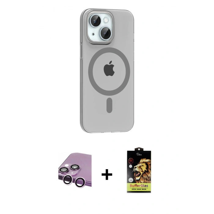 MARSİLYAN™- iPhone 14 Kılıf Pusula Form Özel Seri - Siyah Buffer Cam Ekran Koruyucu + Raze Metal Kamera Lens - MR