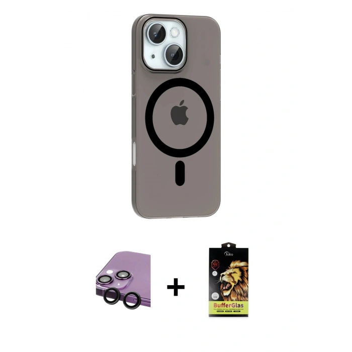 MARSİLYAN™- iPhone 14 Kılıf Pusula Form Özel Seri - Siyah Buffer Cam Ekran Koruyucu + Raze Metal Kamera Lens - SH