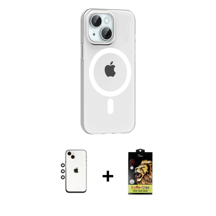 MARSİLYAN™- iPhone 14 Kılıf Pusula Form Özel Seri - Siyah Buffer Cam Ekran Koruyucu + Shine Kamera Lens - GI