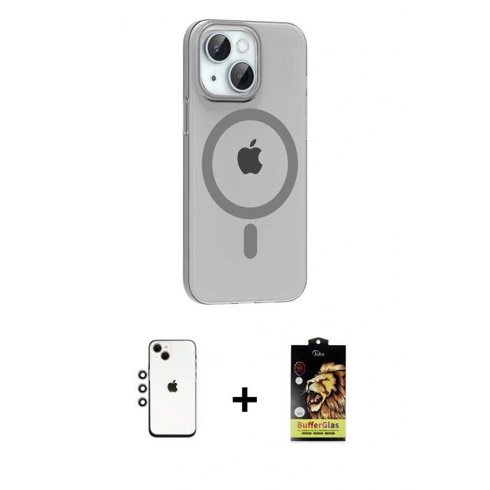 MARSİLYAN™- iPhone 14 Kılıf Pusula Form Özel Seri - Siyah Buffer Cam Ekran Koruyucu + Shine Kamera Lens - GI