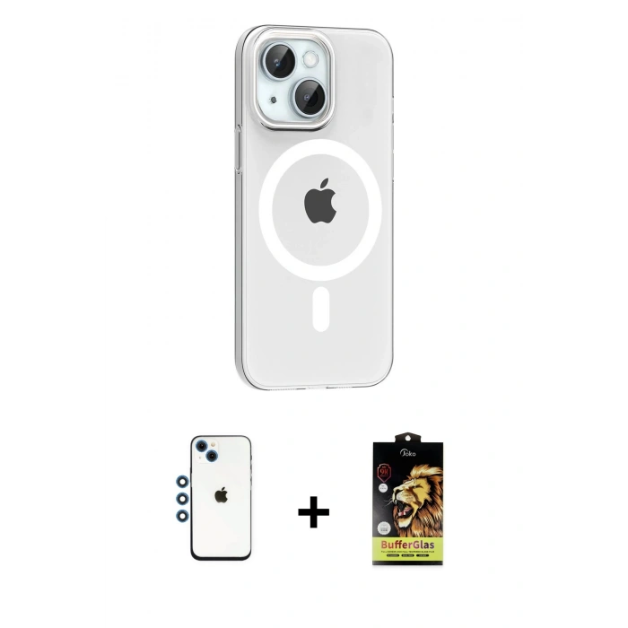 MARSİLYAN™- iPhone 14 Kılıf Pusula Form Özel Seri - Siyah Buffer Cam Ekran Koruyucu + Shine Kamera Lens - MI