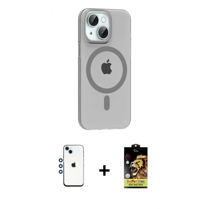 MARSİLYAN™- iPhone 14 Kılıf Pusula Form Özel Seri - Siyah Buffer Cam Ekran Koruyucu + Shine Kamera Lens - MI