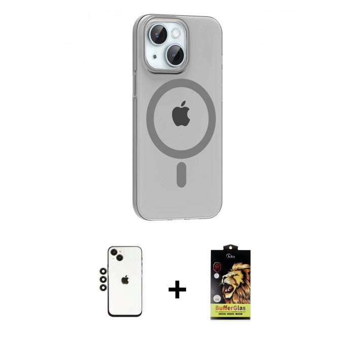 MARSİLYAN™- iPhone 14 Kılıf Pusula Form Özel Seri - Siyah Buffer Cam Ekran Koruyucu + Shine Kamera Lens - SH