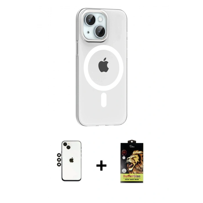 MARSİLYAN™- iPhone 14 Kılıf Pusula Form Özel Seri - Siyah Buffer Cam Ekran Koruyucu + Shine Kamera Lens - SH