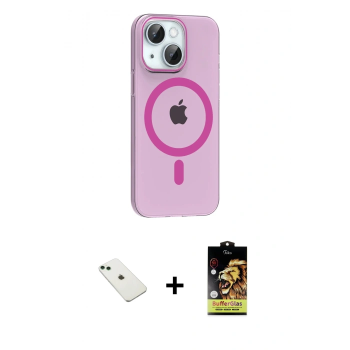 MARSİLYAN™- iPhone 14 Kılıf Pusula Form Özel Seri - Siyah Buffer Cam Ekran Koruyucu + Yeşil Diamond Kamera Lens