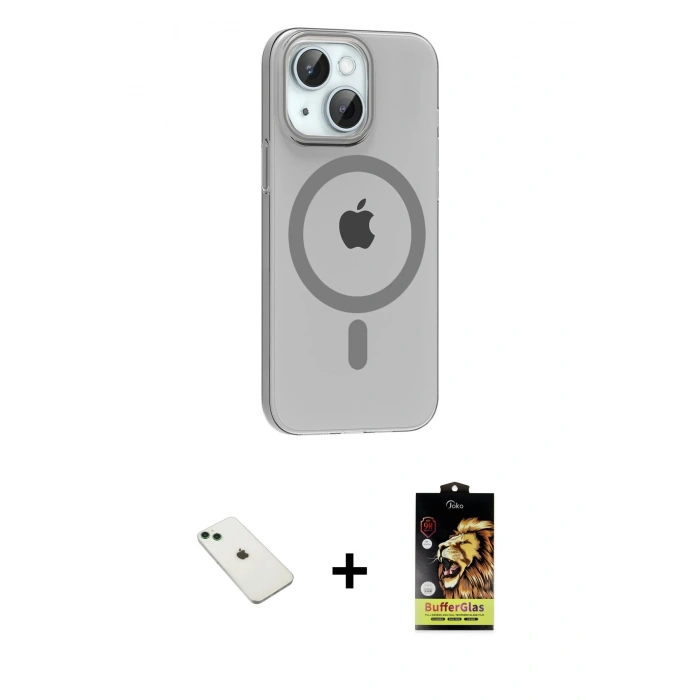 MARSİLYAN™- iPhone 14 Kılıf Pusula Form Özel Seri - Siyah Buffer Cam Ekran Koruyucu + Yeşil Diamond Kamera Lens