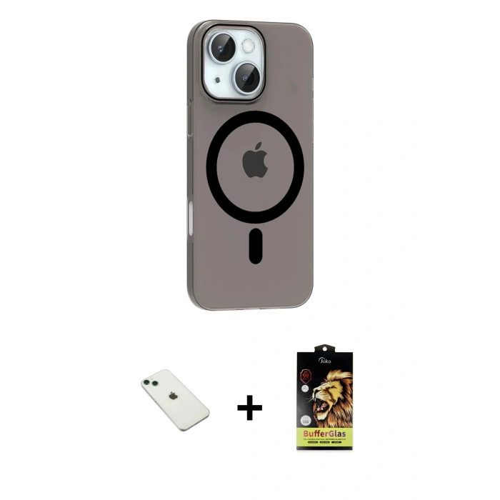 MARSİLYAN™- iPhone 14 Kılıf Pusula Form Özel Seri - Siyah Buffer Cam Ekran Koruyucu + Yeşil Diamond Kamera Lens