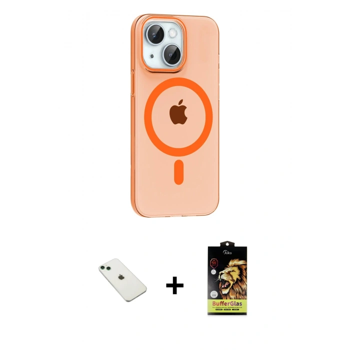 MARSİLYAN™- iPhone 14 Kılıf Pusula Form Özel Seri - Siyah Buffer Cam Ekran Koruyucu + Yeşil Diamond Kamera Lens