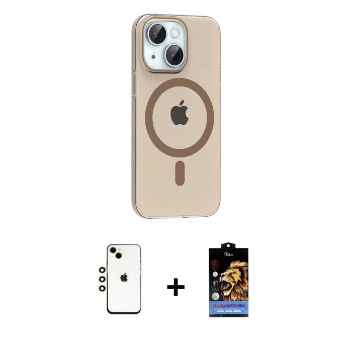 MARSİLYAN™- iPhone 14 Kılıf Pusula Form Özel Seri - Siyah Buffer Hayalet Cam Ekran Koruyucu + Shine Kamera Lens - GD