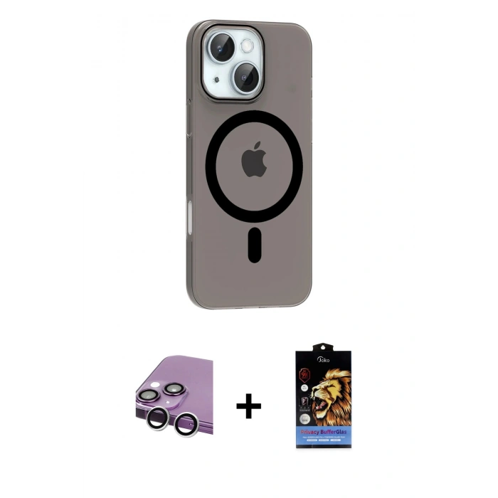 MARSİLYAN™- iPhone 14 Kılıf Pusula Form Özel Seri - Siyah Buffer Hayalet Cam Ekran Koruyucu + Gümüş Raze Metal Kamera Lens